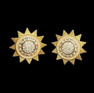 Vintage Geometric Sun Star Pearl Bead Crystal Enamel Gold Metal Clip Earrings